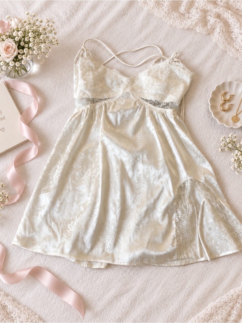 Lulus Ivory Satin Jacquard Lace Babydoll Lingerie Dress